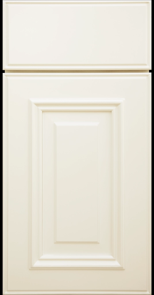 Custom Canvas Color Anderson Raised Panel Kitchen Cabinet Door and matching Slab Drawer Front.